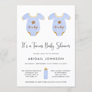 Invitation Twin Boys Blue Gold Aquarelle Baby shower rétro