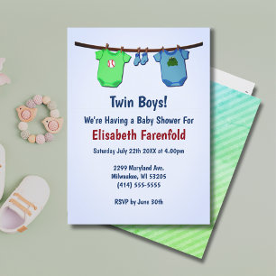 Invitation Twin Boys Close Line Baby shower bleu et vert