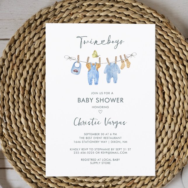 Invitation Twin Boys Clothes Watercolor Modern Baby Shower In (Créateur téléchargé)