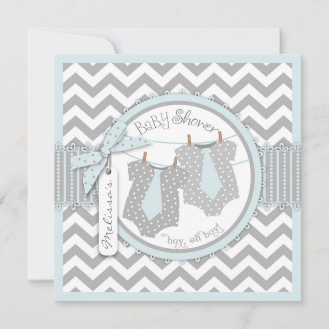 Invitation Twin Boys Cravates Chevron Imprimer Baby shower (Devant)