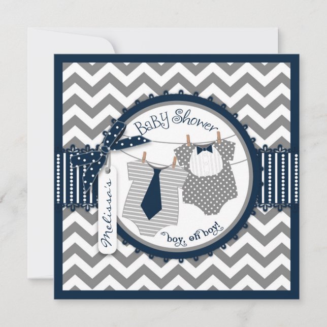 Invitation Twin Boys Cravates Chevron Imprimer Baby shower (Devant)