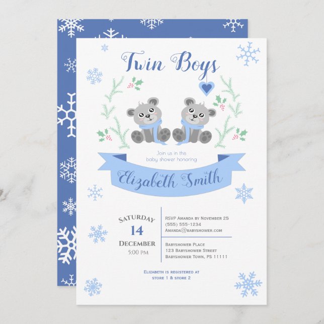 Invitation Twin Boys Cute bear bear winter shower (Devant / Derrière)