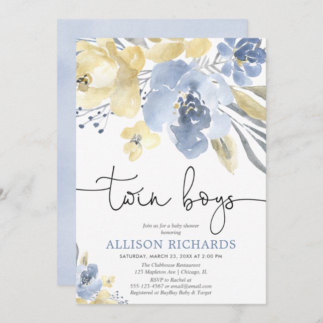 Invitation Twin boys Dusty bleu jaune baby shower floral (Devant / Derrière)
