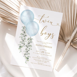 Invitation Twin Boys Dusty Blue Balloon Baby shower de verdur