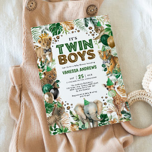 Invitation Twin Boys Jungle Safari Wild Animaux Baby shower