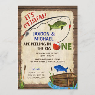 Invitation Twin boys Rustique pêche 1er anniversaire garçon