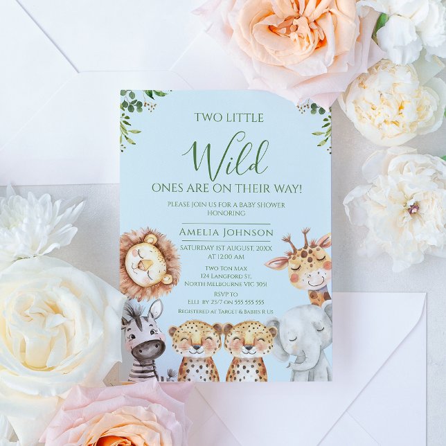 Invitation Twin Boys Safari Deux petits Baby showers sauvages (Boy Twins Safari Wild Ones Baby Shower Invitation, Two little Wild Ones Baby Shower Invite Twins)