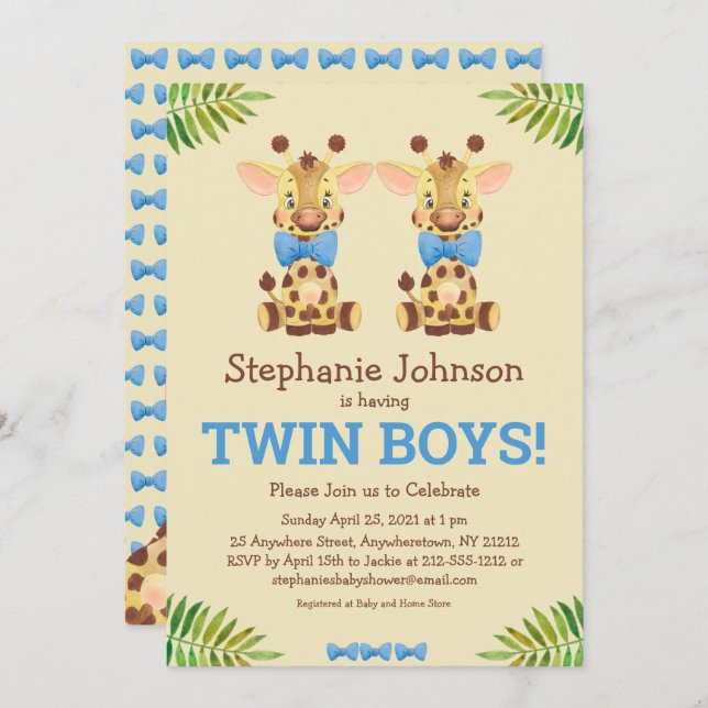 Invitation Twin Boys Safari Giraffe Baby shower mignon (Devant / Derrière)