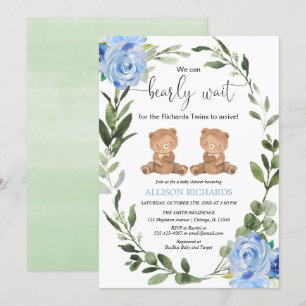 Invitation Twin boys teddy ours vert bleu baby shower floral