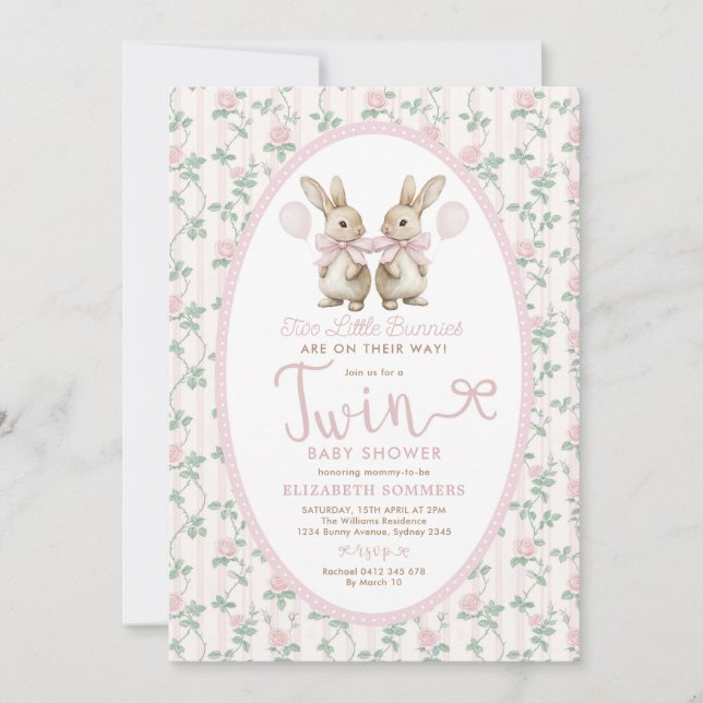 Invitation Twin Bunny Pink Roses Girl Baby Shower (Devant)