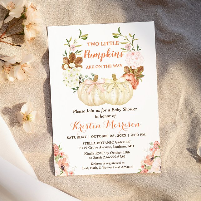 Invitation Twin Citrouille Baby shower mignon Automne Floral (Créateur téléchargé)