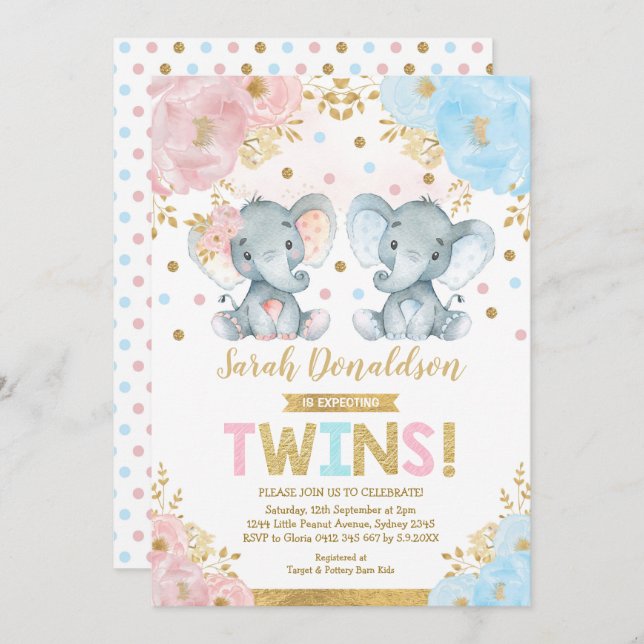 Invitation Twin Elephant Baby shower garçon & fille jumeaux (Devant / Derrière)