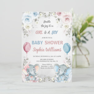 Invitation Twin Elephant Baby shower garçon & fille jumeaux