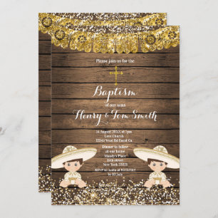 Invitation Twin Fiesta Boy Twin Baptising Christening Wood