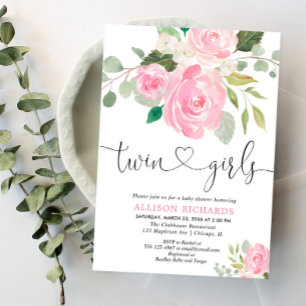 Invitation Twin filles baby shower rose pâle vert floral