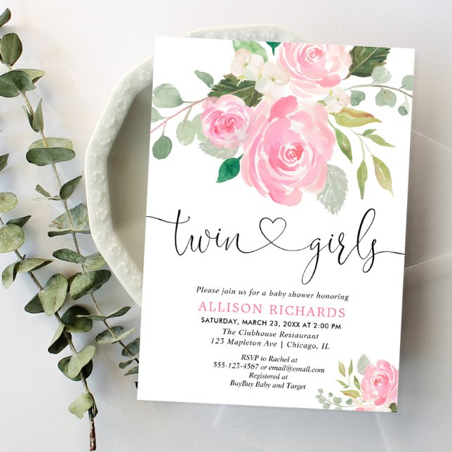 Invitation Twin filles baby shower rose pâle vert floral (Créateur téléchargé)