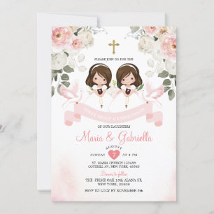 Invitation Twin Fleurs roses 1ère Sainte Communion Or