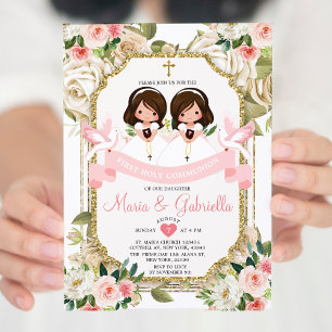 Invitation Twin Fleurs roses Première Sainte Communion Or