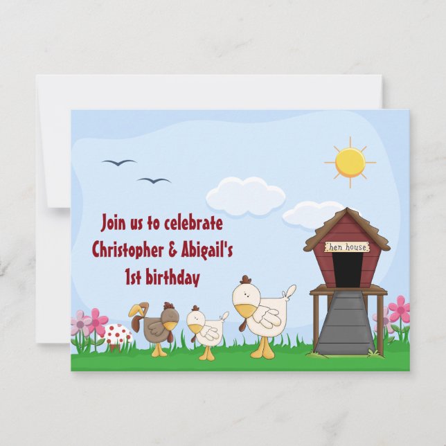 Invitation Twin Girl and Boy Chicks 1er anniversaire Invitati (Devant)