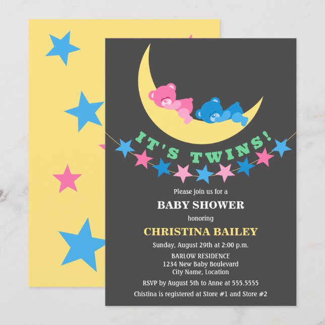 Invitation Twin Girl and Boy Teddy Bear Baby shower (Devant / Derrière)