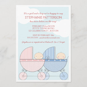 Invitation Twin Girl & Boy Carriage Happy Baby shower