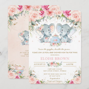 Invitation Twin Girl Elephant Rose Floral Tea Baby shower
