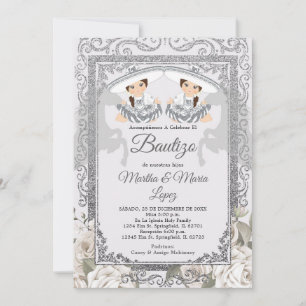 Invitation Twin Girl Fiesta Argent Charro Mexicaine Bautizo