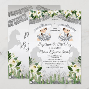 Invitation  Twin Girl Mexicaine Silver Baptême et Anniversair