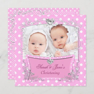 Invitation Twin Girls Baby Christening Baptême rose