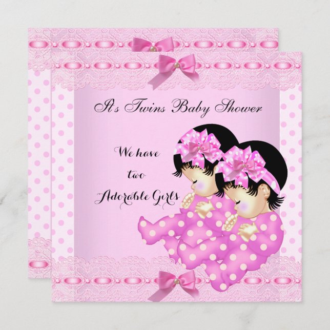 Invitation Twin Girls Baby shower Pois roses (Devant / Derrière)