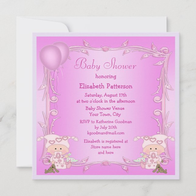 Invitation Twin Girls & Balloons Baby shower rose (Devant)