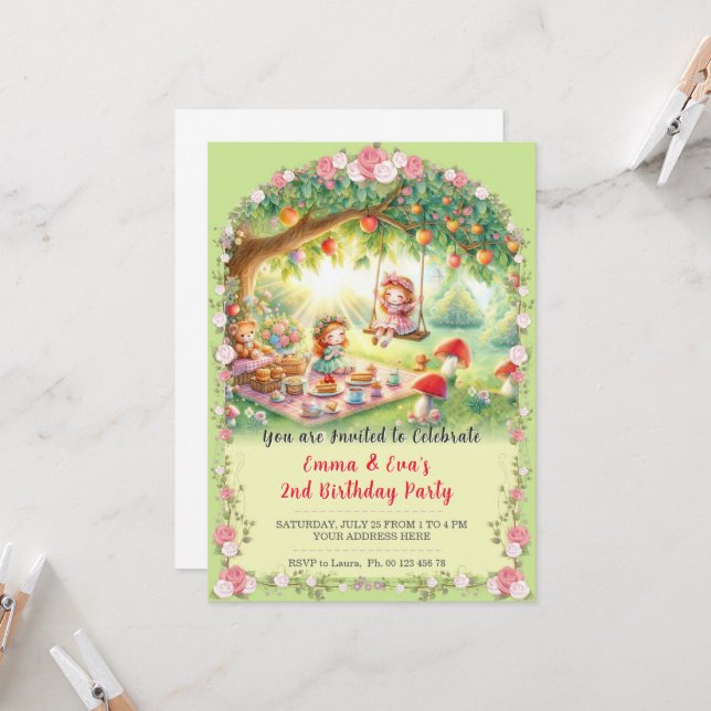 Invitation Twin girls birthday celebration (Devant/Arrière en situation)