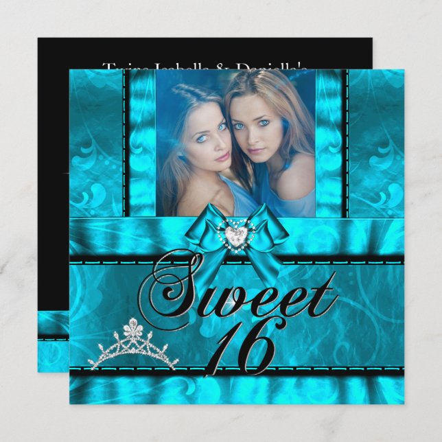 Invitation Twin Girls Blue Sweet sixteen Turquoise Sweet 16 (Devant / Derrière)