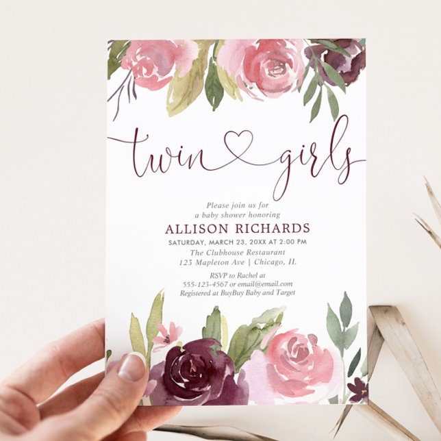 Invitation Twin girls Blush burgundy fille baby shower floral (Créateur téléchargé)