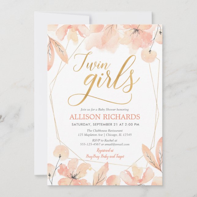 Invitation Twin girls Blush rose floral girl baby shower (Devant)