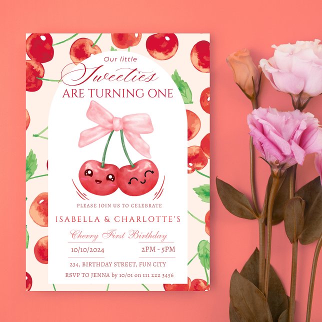 Invitation Twin Girls Cherry First 1st N'importe quel âge Ann (Twin Girls Cherry First 1st Any Age Birthday Invitation)