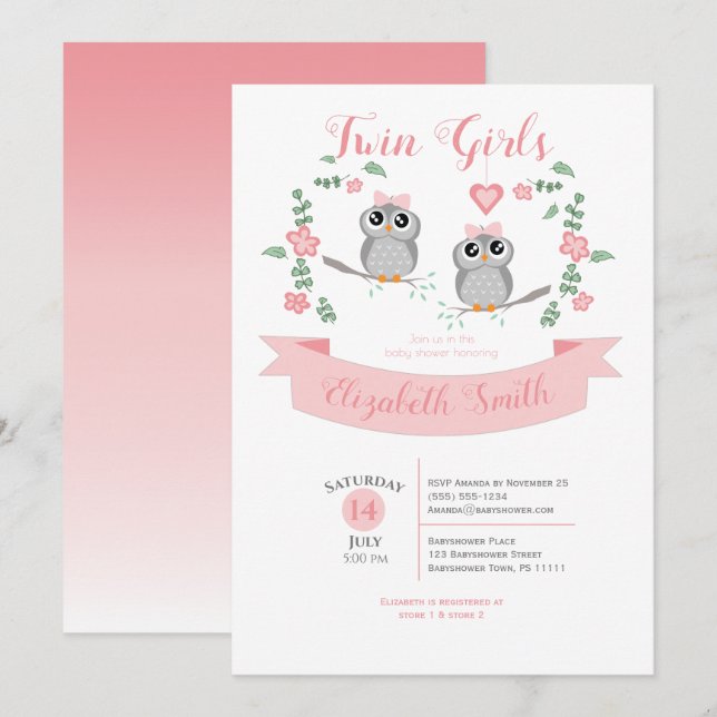 Invitation Twin Girls Cute owls baby shower (Devant / Derrière)