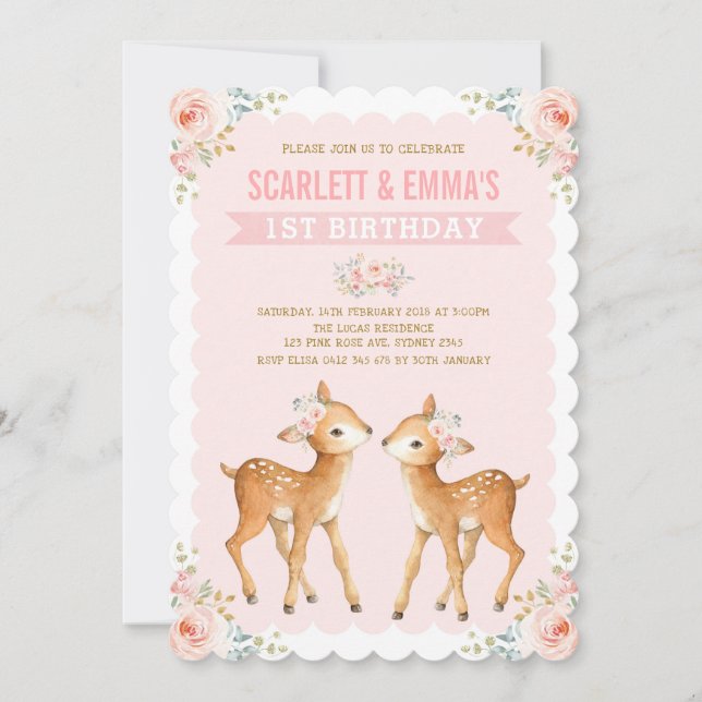Invitation Twin Girls Deer 1er Anniversaire Twins Pink Floral (Devant)