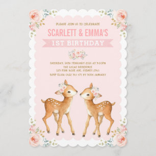 Invitation Twin Girls Deer 1er Anniversaire Twins Pink Floral