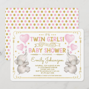 Invitation Twin Girls Elephant Baby shower Rose Gold Jungle