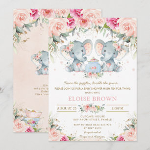 Invitation Twin Girls Elephant Blush Floral Tea Baby shower