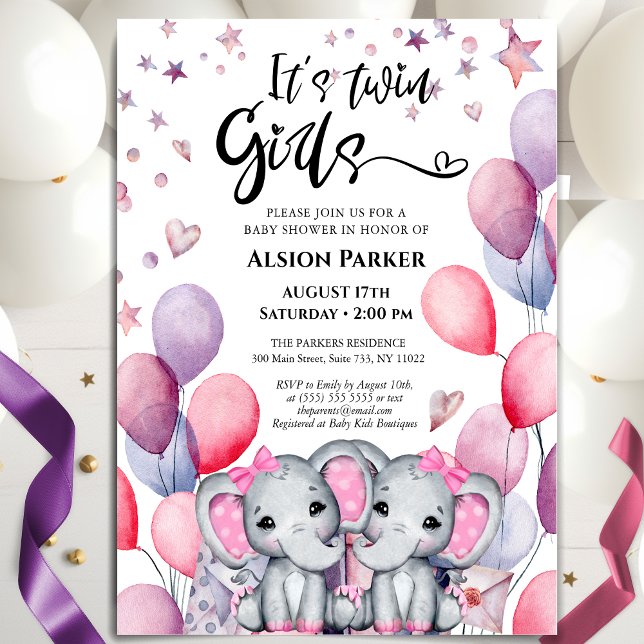 Invitation Twin Girls Elephant rose Ballons mignon Baby showe (Créateur téléchargé)