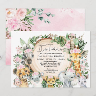 Invitation Twin Girls Jungle Safari Party Animaux Baby shower