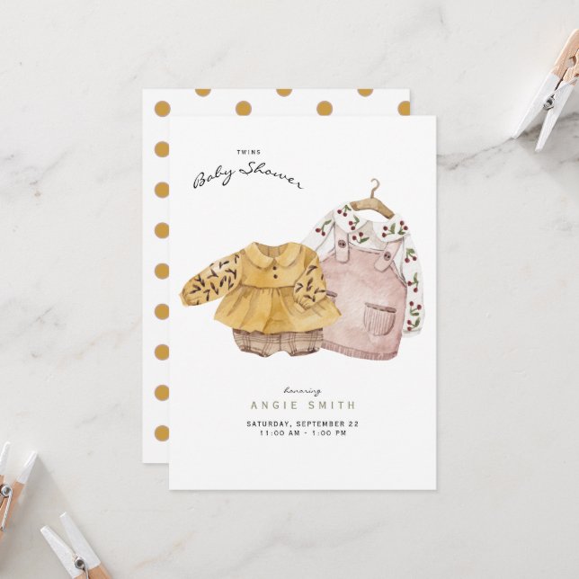 Invitation Twin Girls mignonnes Vêtements Baby shower Invitat (Devant/Arrière en situation)