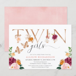 Invitation Twin girls papterfly rose or rose élégant floral