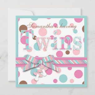 Invitation TWIN GIRLS Pink Aqua Brown Dots Baby shower