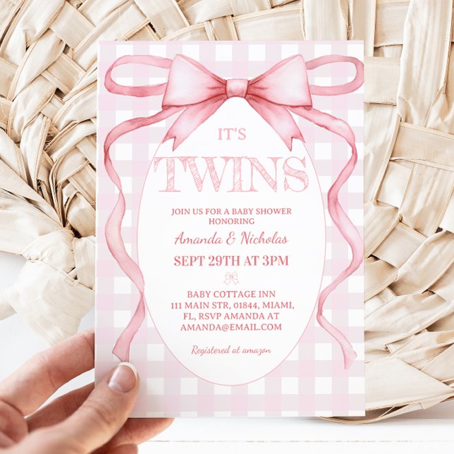 Invitation Twin Girls Pink Ribbon Bow Vintage mignonne (Créateur téléchargé)