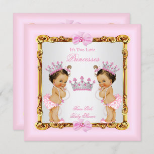 Invitation Twin Girls Princess Baby shower Gold Rose Brunette