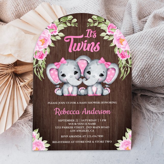 Invitation Twin Girls Rose Floral Elephant Baby shower en boi (Créateur téléchargé)