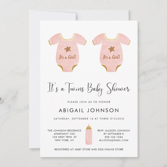 Invitation Twin Girls Rose or Aquarelle Baby shower rétro (Devant)